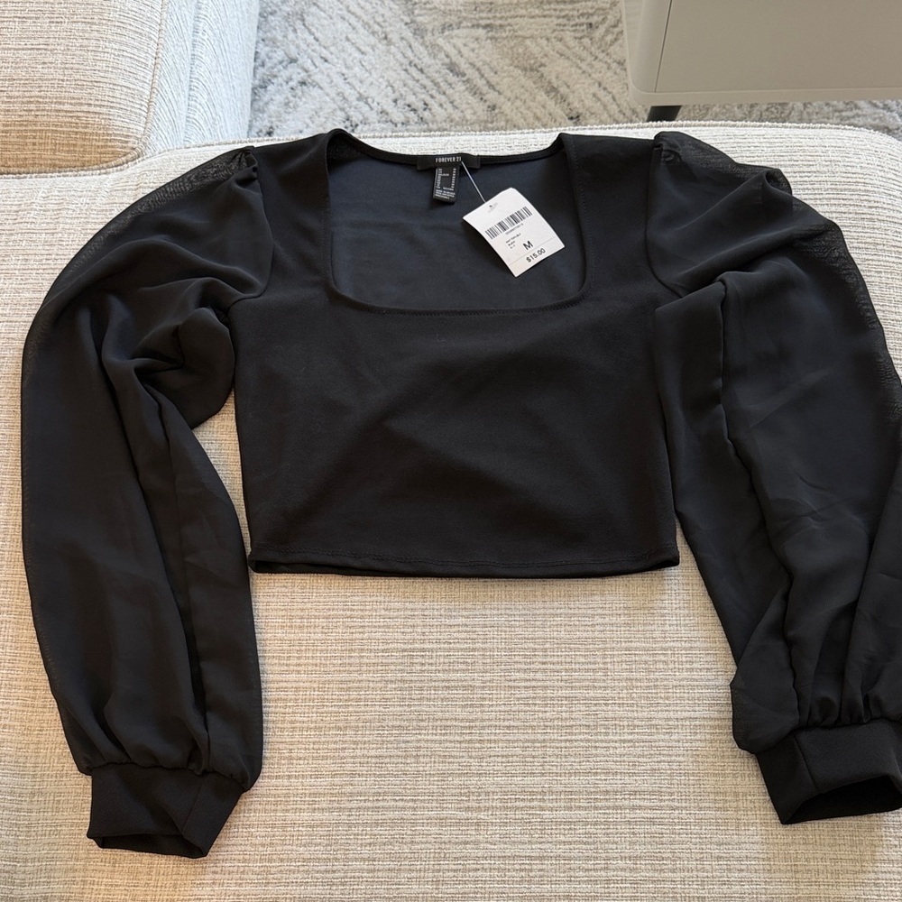 Forever 21 Black Square Neck Puff Sleeve Top